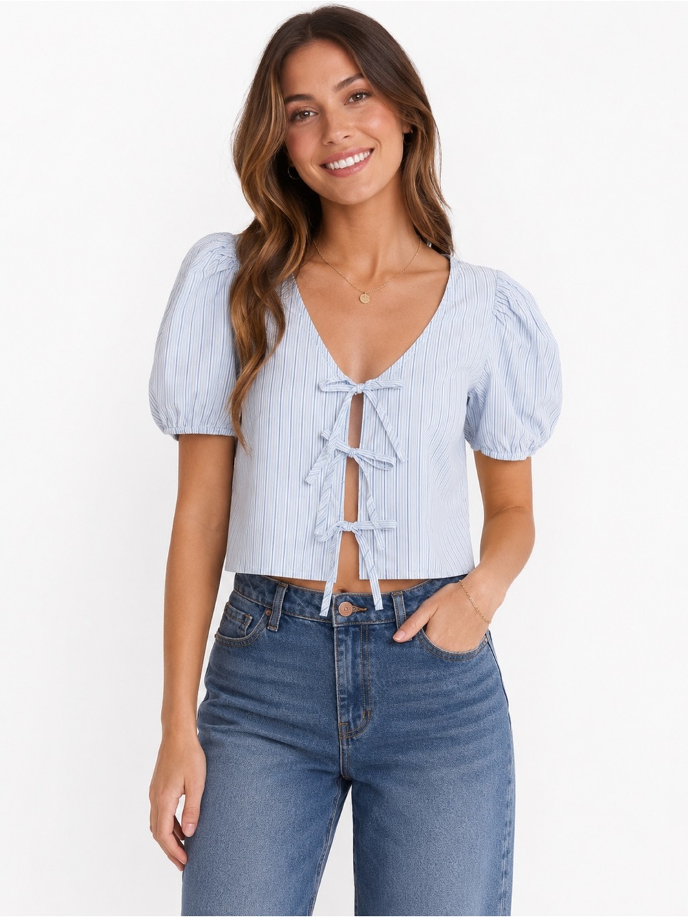 Abound • NWOT $50 USD Light Blue Stripe Tie-Front Puff Sleeve Top PTP 18”